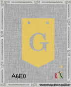 A taped needlepoint canvas with the design: Banner 13 mesh count Pointed G White on Yellow.