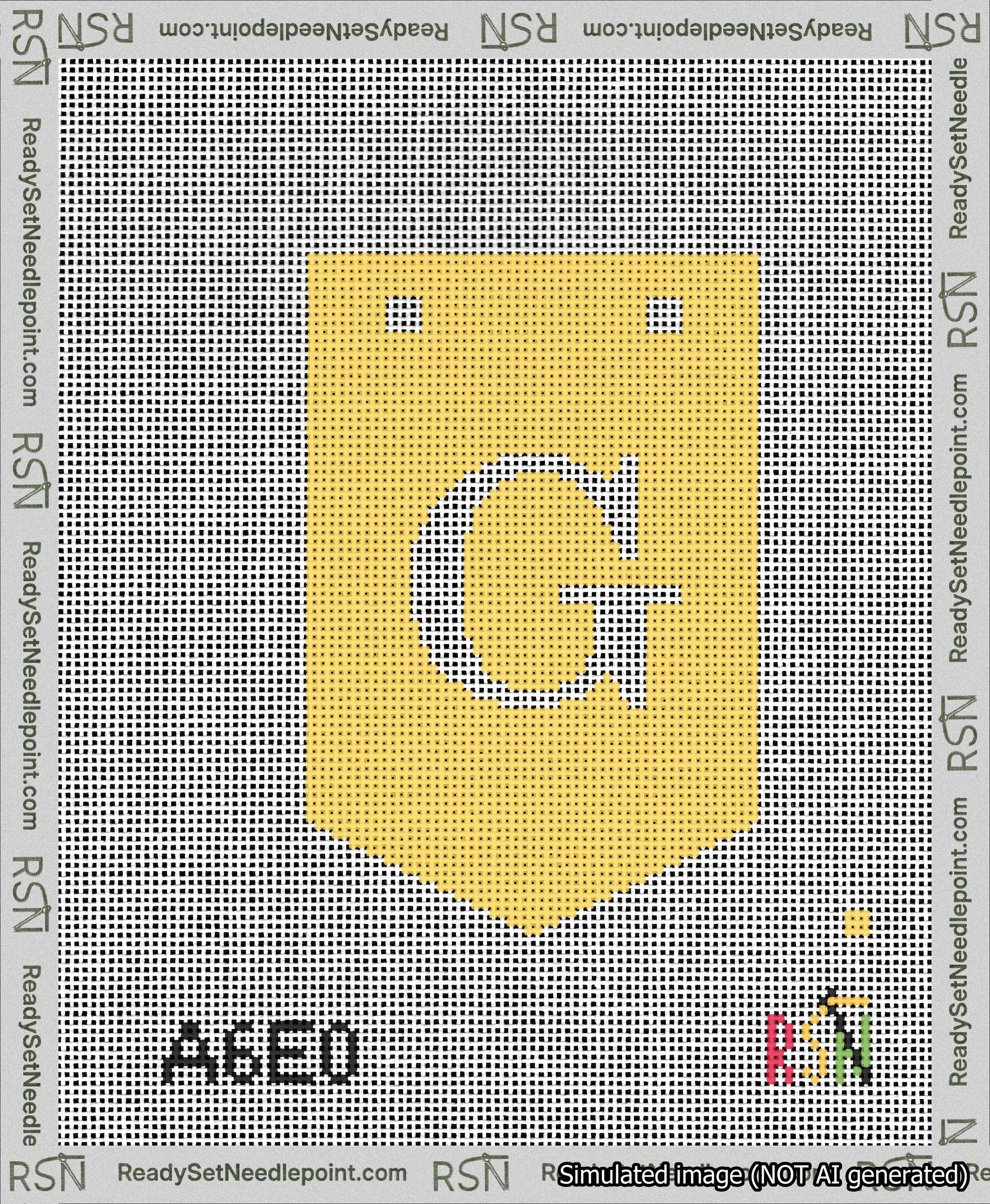 A taped needlepoint canvas with the design: Banner 13 mesh count Pointed G White on Yellow.