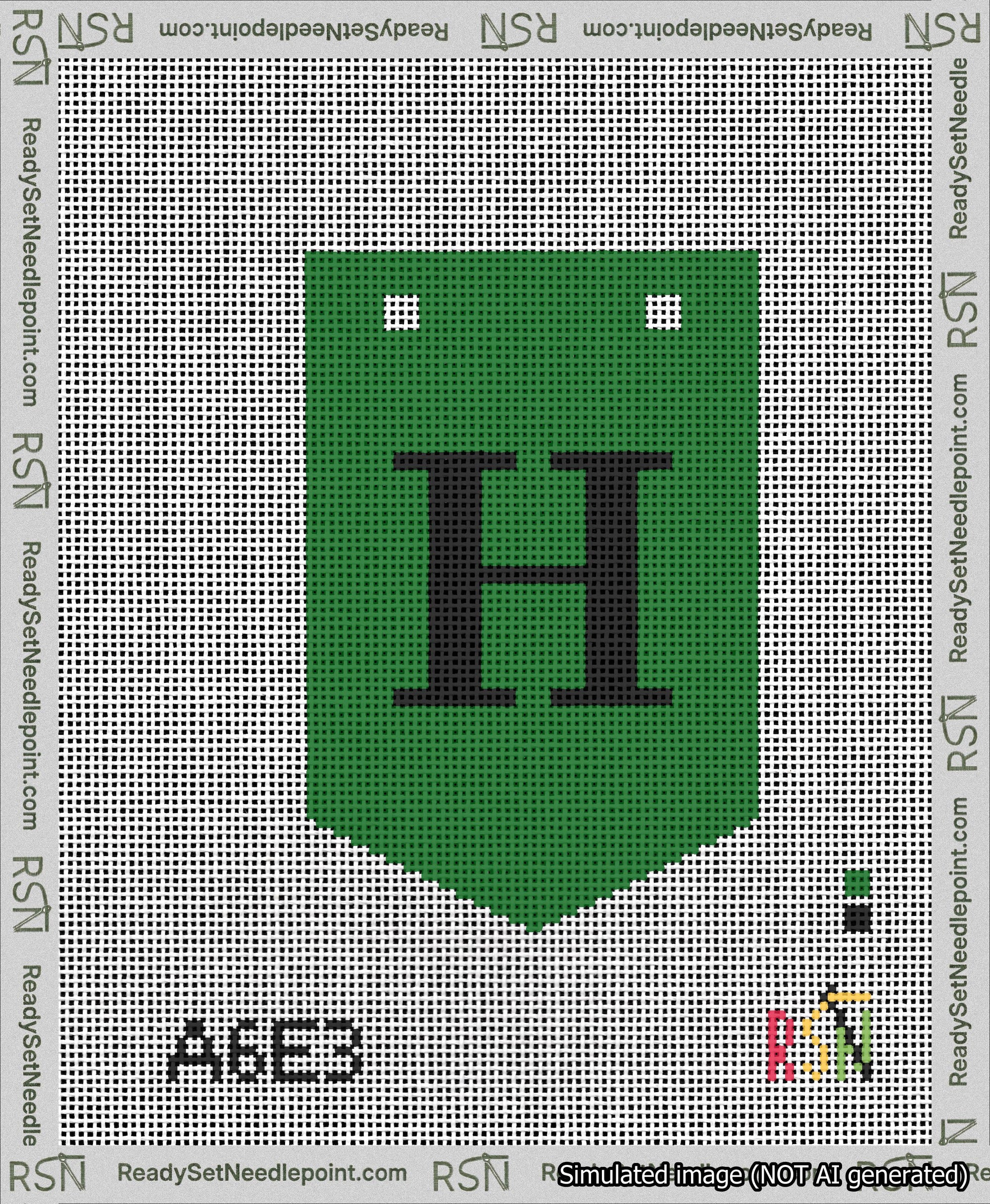 A taped needlepoint canvas with the design: Banner 13 mesh count Pointed H Black on Green.