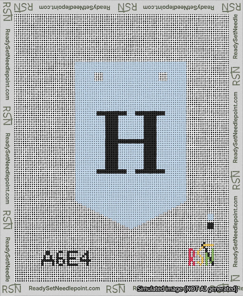 A taped needlepoint canvas with the design: Banner 13 mesh count Pointed H Black on Light Blue.