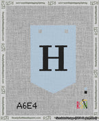 A taped needlepoint canvas with the design: Banner 13 mesh count Pointed H Black on Light Blue.