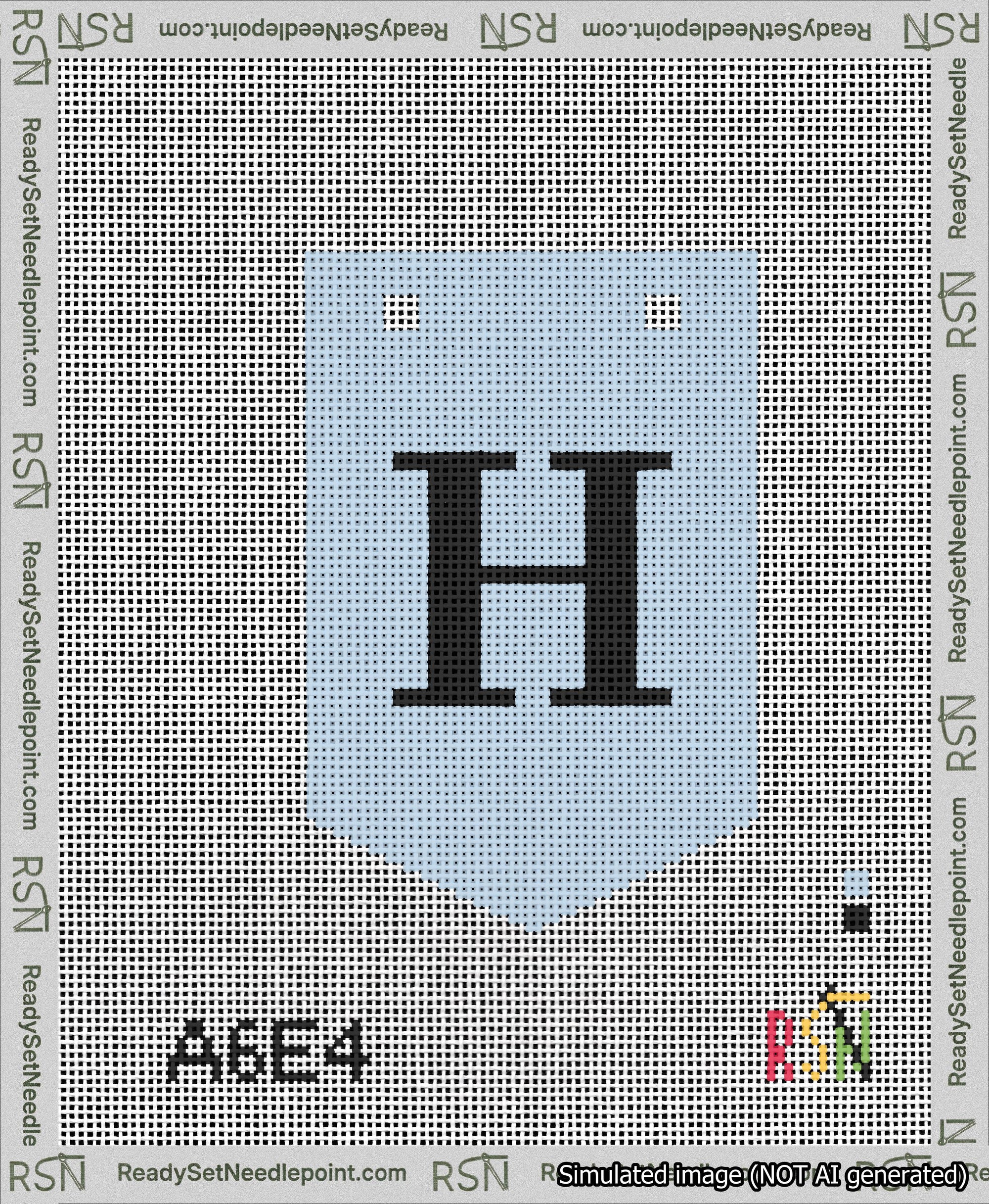 A taped needlepoint canvas with the design: Banner 13 mesh count Pointed H Black on Light Blue.