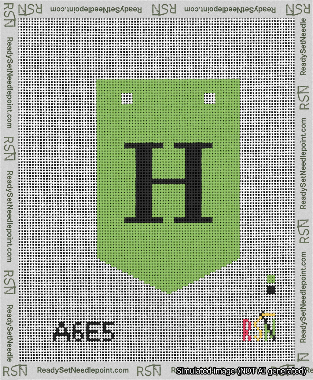 A taped needlepoint canvas with the design: Banner 13 mesh count Pointed H Black on Light Green.