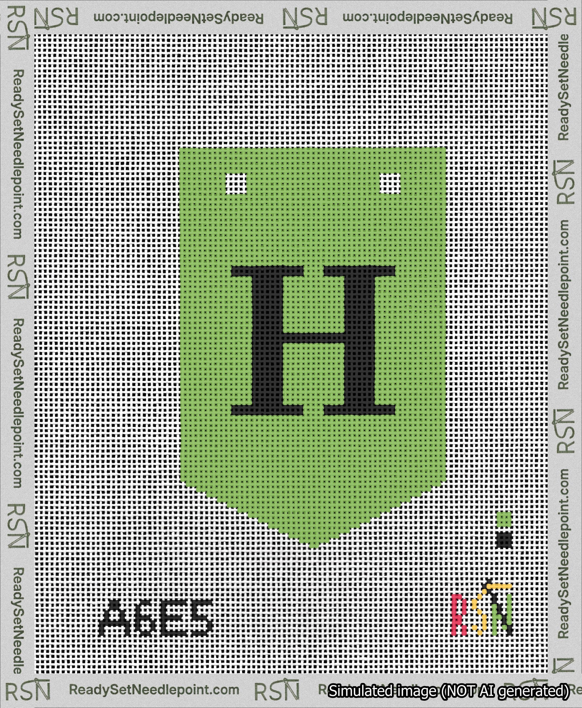 A taped needlepoint canvas with the design: Banner 13 mesh count Pointed H Black on Light Green.
