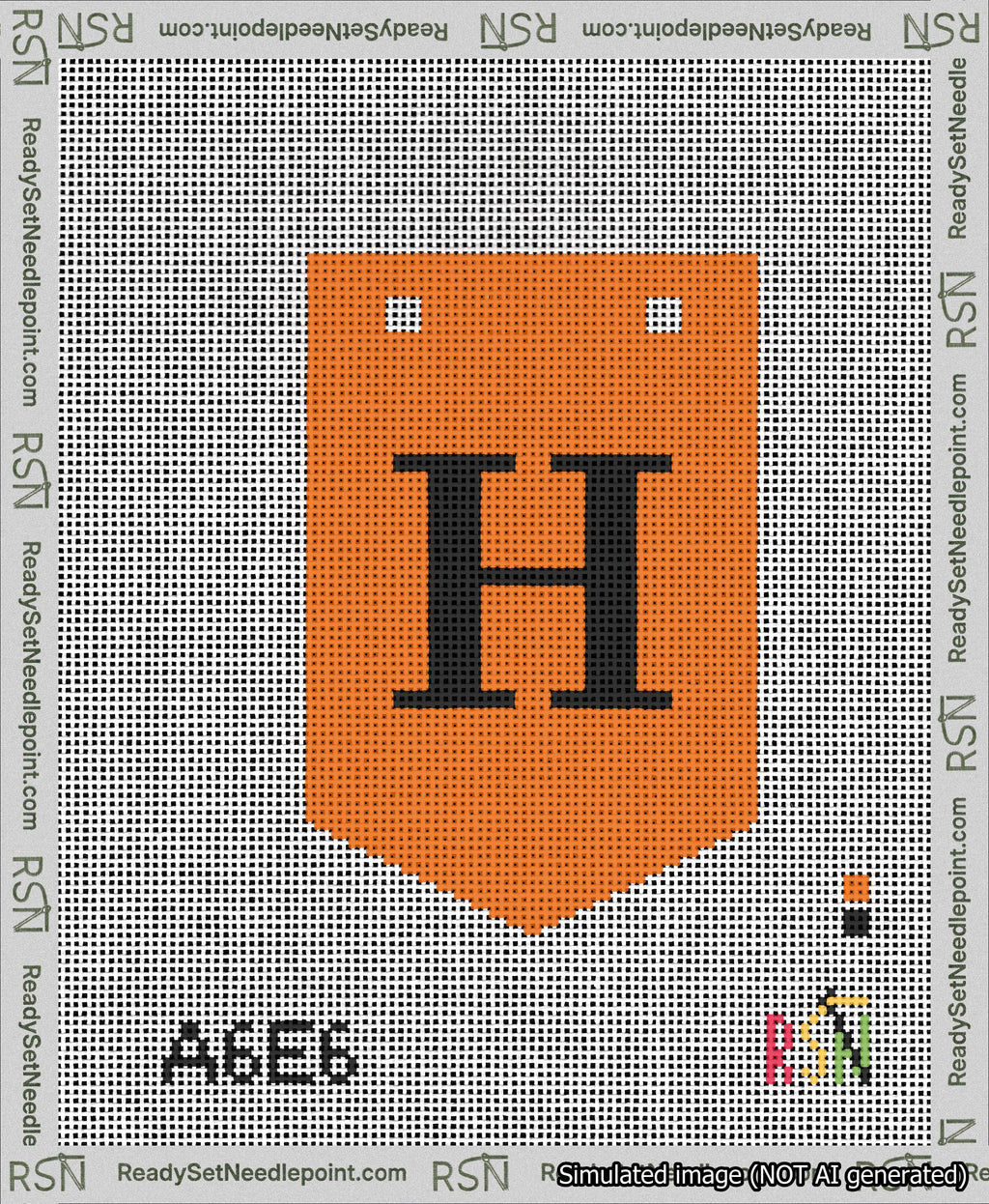A taped needlepoint canvas with the design: Banner 13 mesh count Pointed H Black on Orange.