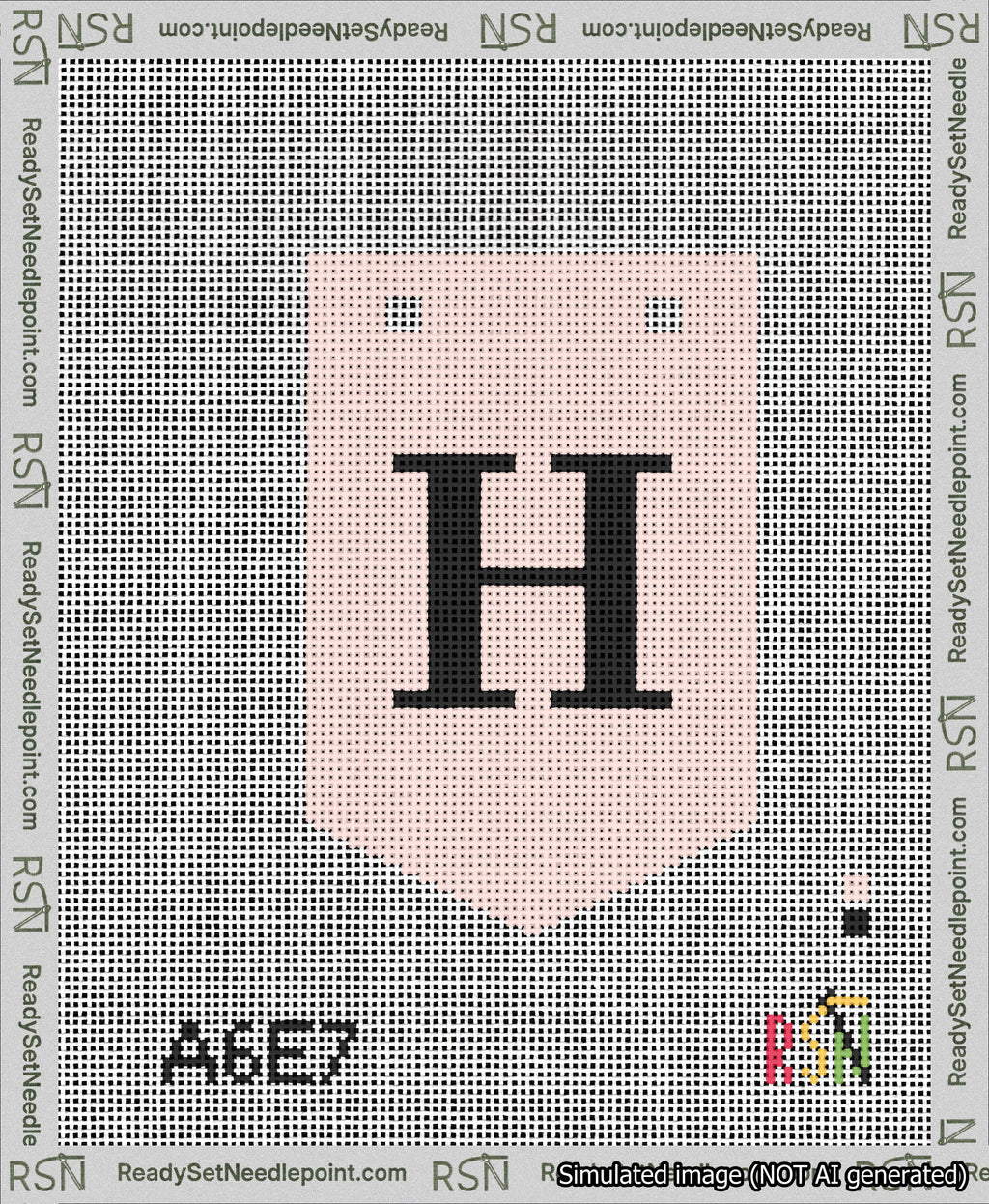 A taped needlepoint canvas with the design: Banner 13 mesh count Pointed H Black on Pink.