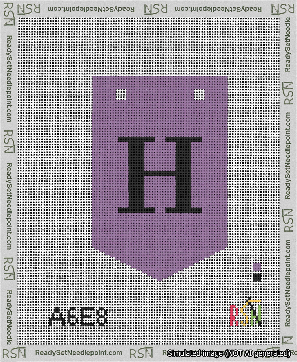 A taped needlepoint canvas with the design: Banner 13 mesh count Pointed H Black on Purple.