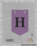 A taped needlepoint canvas with the design: Banner 13 mesh count Pointed H Black on Purple.