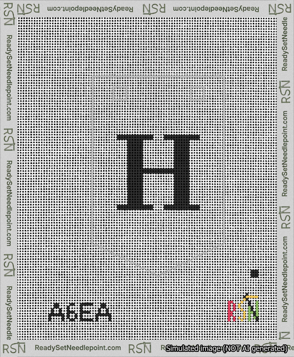 A taped needlepoint canvas with the design: Banner 13 mesh count Pointed H Black on White.