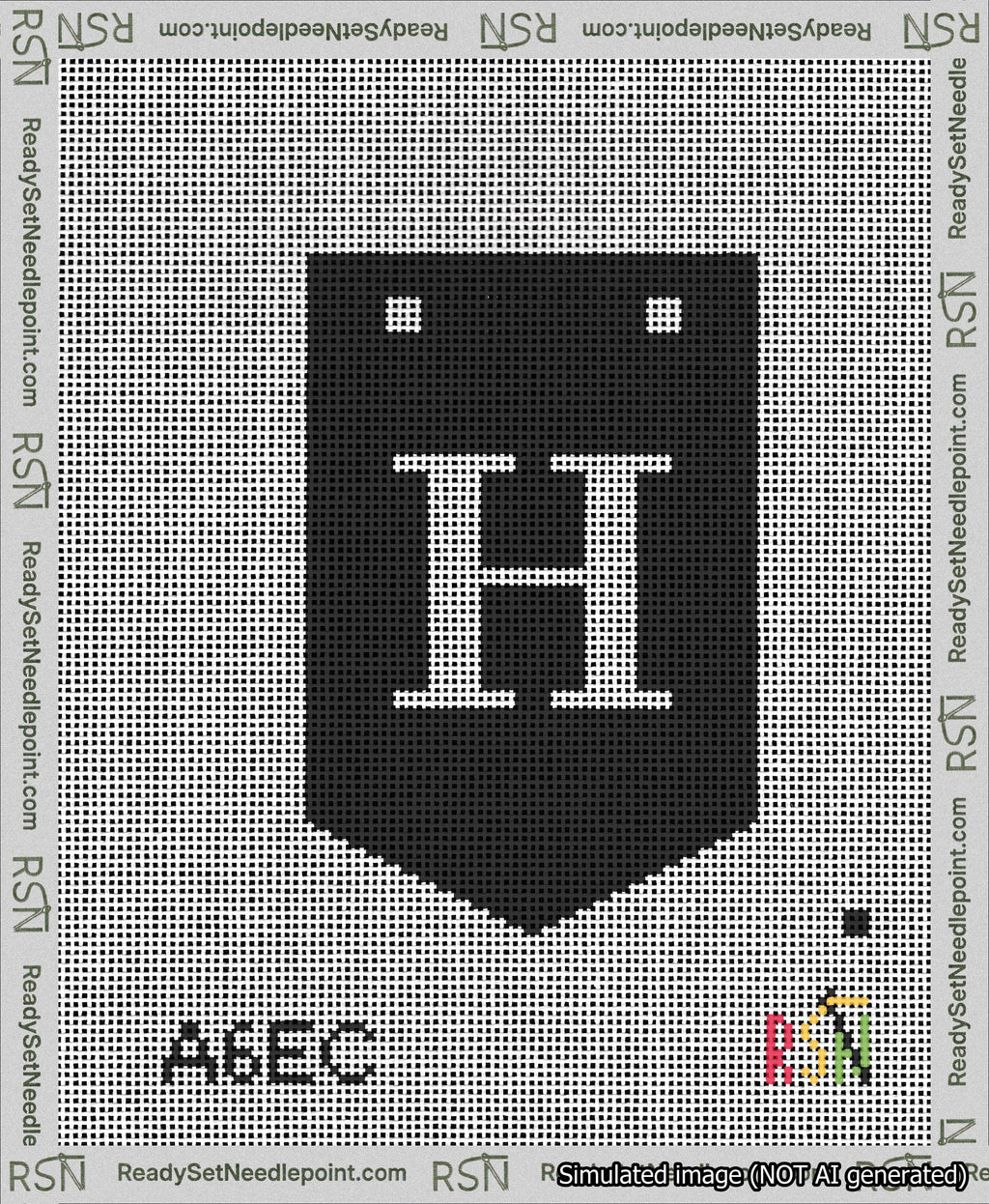 A taped needlepoint canvas with the design: Banner 13 mesh count Pointed H White on Black.