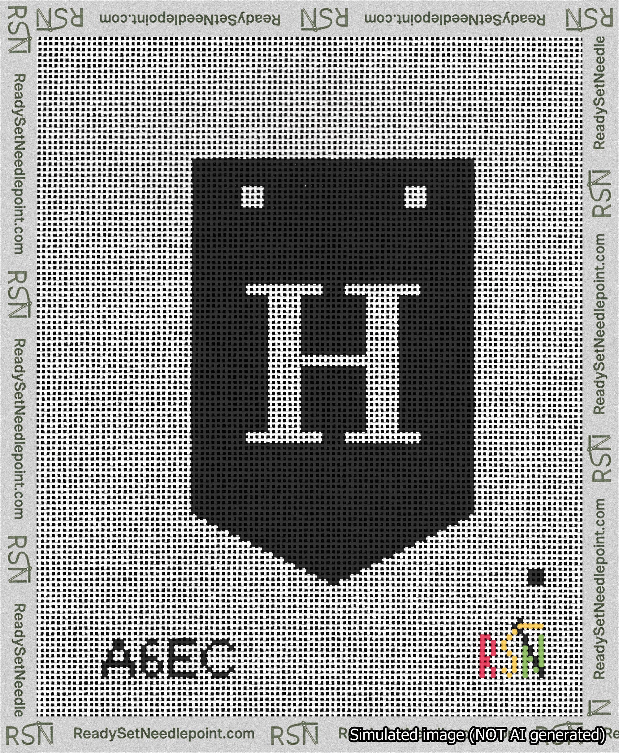 A taped needlepoint canvas with the design: Banner 13 mesh count Pointed H White on Black.