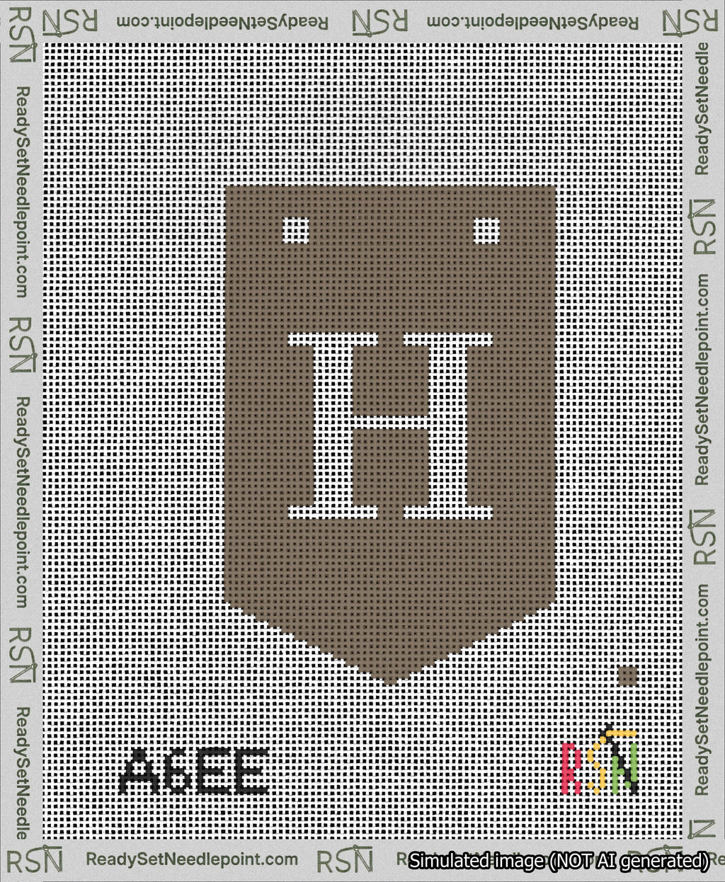 A taped needlepoint canvas with the design: Banner 13 mesh count Pointed H White on Brown.