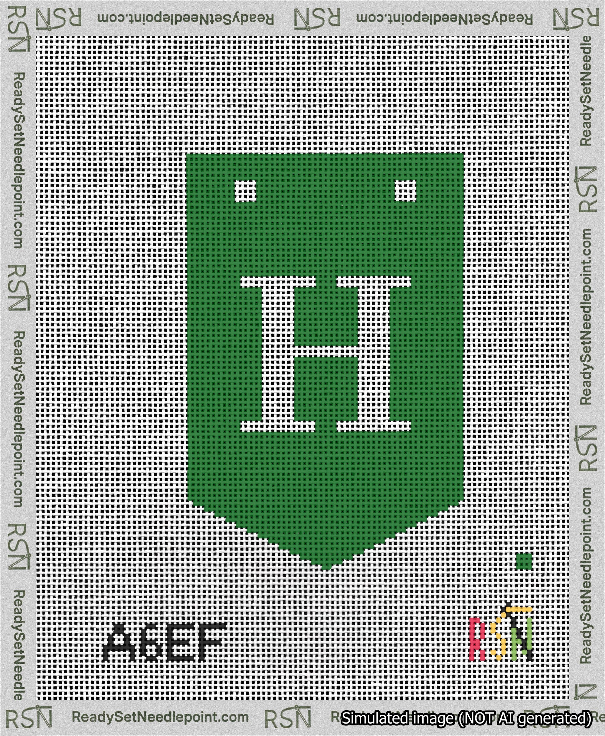 A taped needlepoint canvas with the design: Banner 13 mesh count Pointed H White on Green.