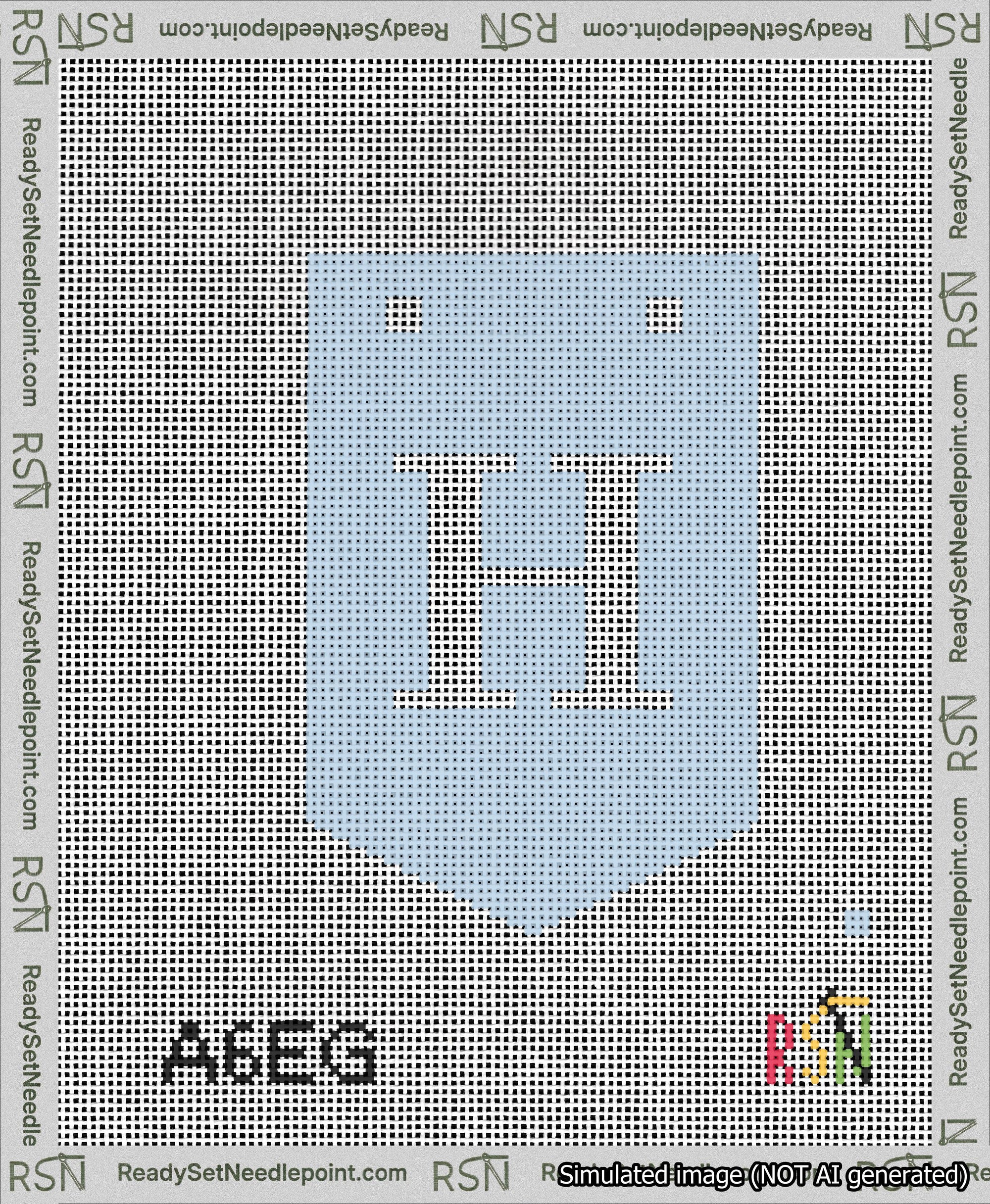 A taped needlepoint canvas with the design: Banner 13 mesh count Pointed H White on Light Blue.