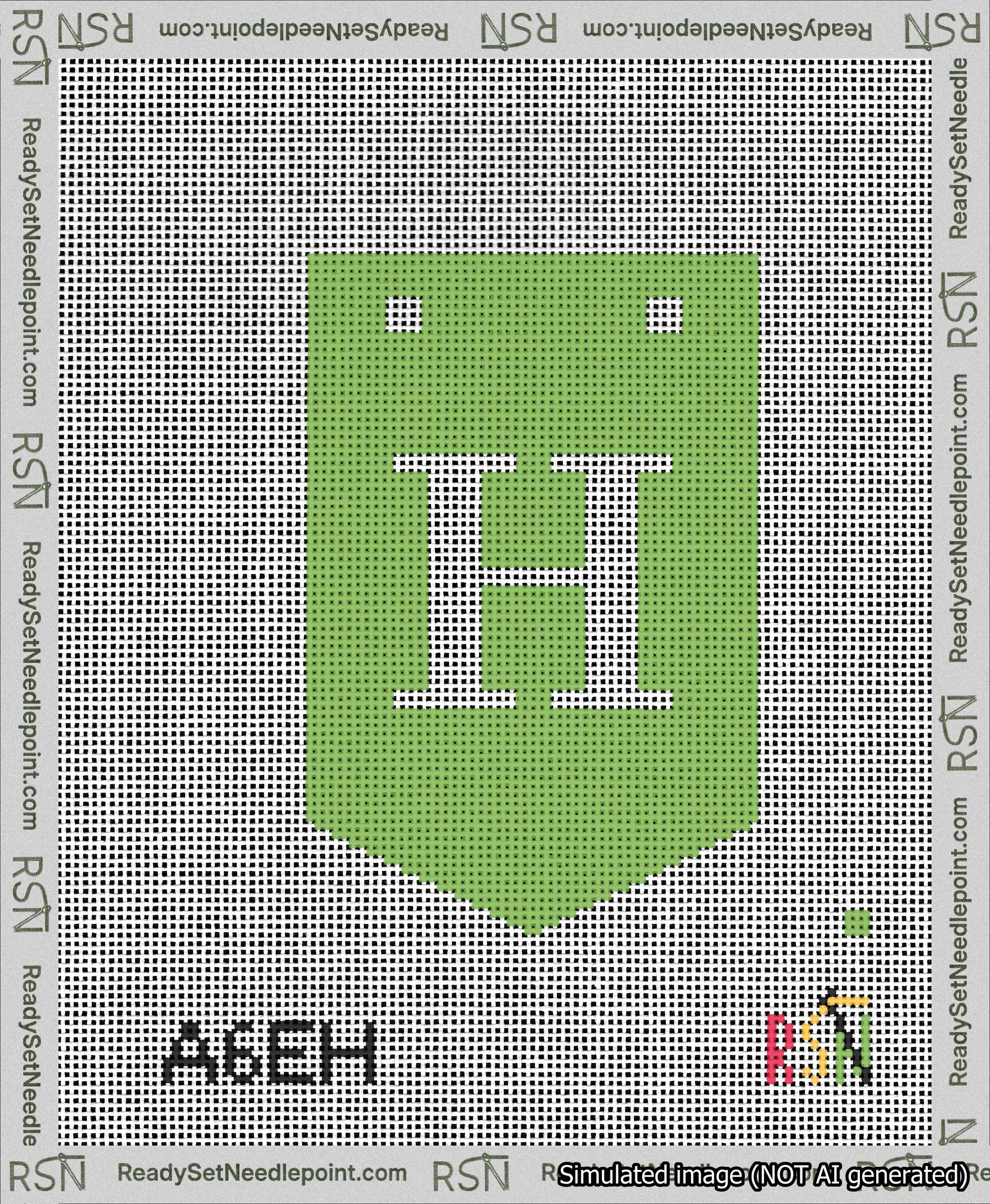 A taped needlepoint canvas with the design: Banner 13 mesh count Pointed H White on Light Green.