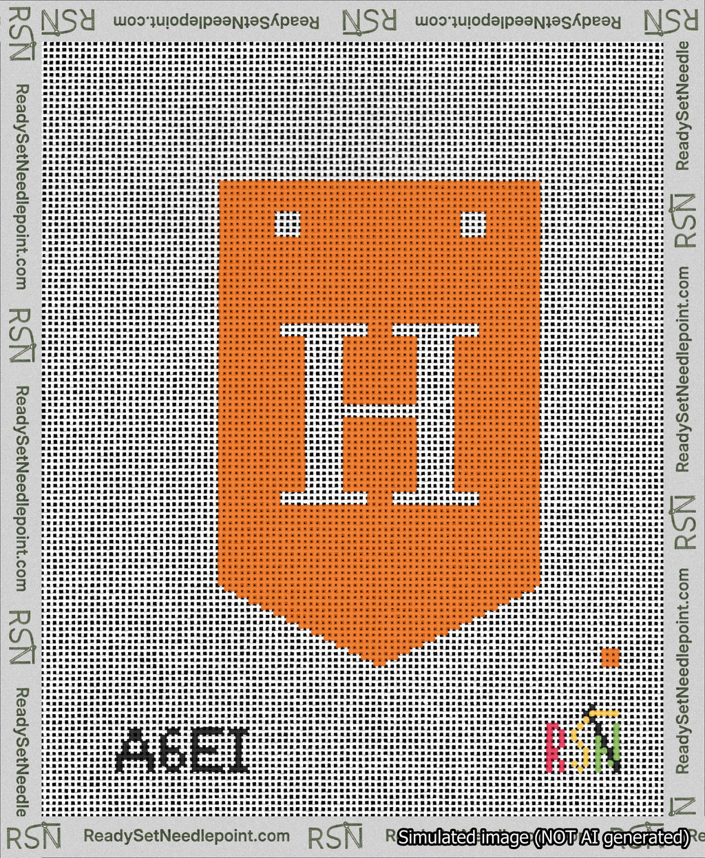 A taped needlepoint canvas with the design: Banner 13 mesh count Pointed H White on Orange.