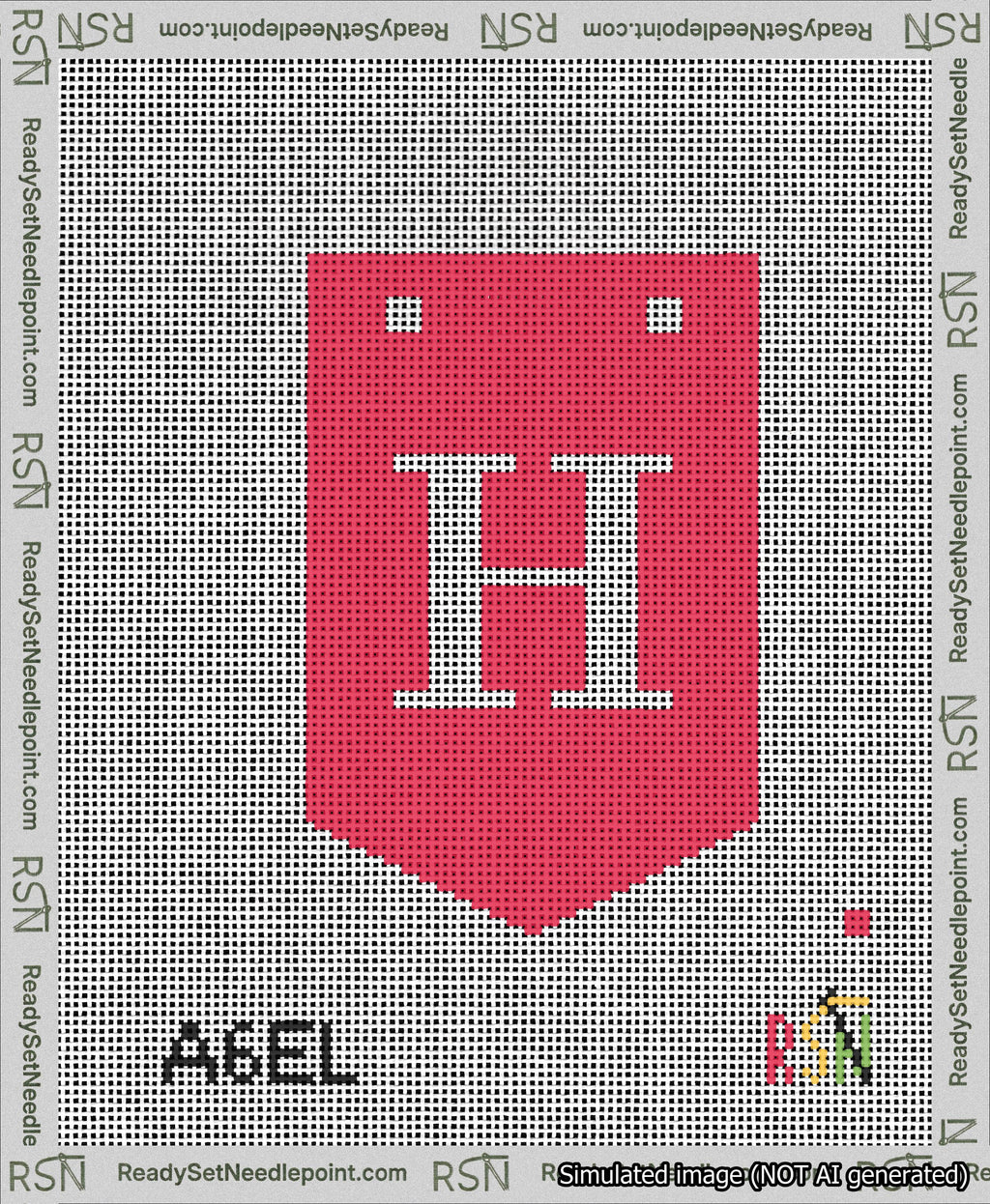 A taped needlepoint canvas with the design: Banner 13 mesh count Pointed H White on Red.
