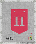 A taped needlepoint canvas with the design: Banner 13 mesh count Pointed H White on Red.