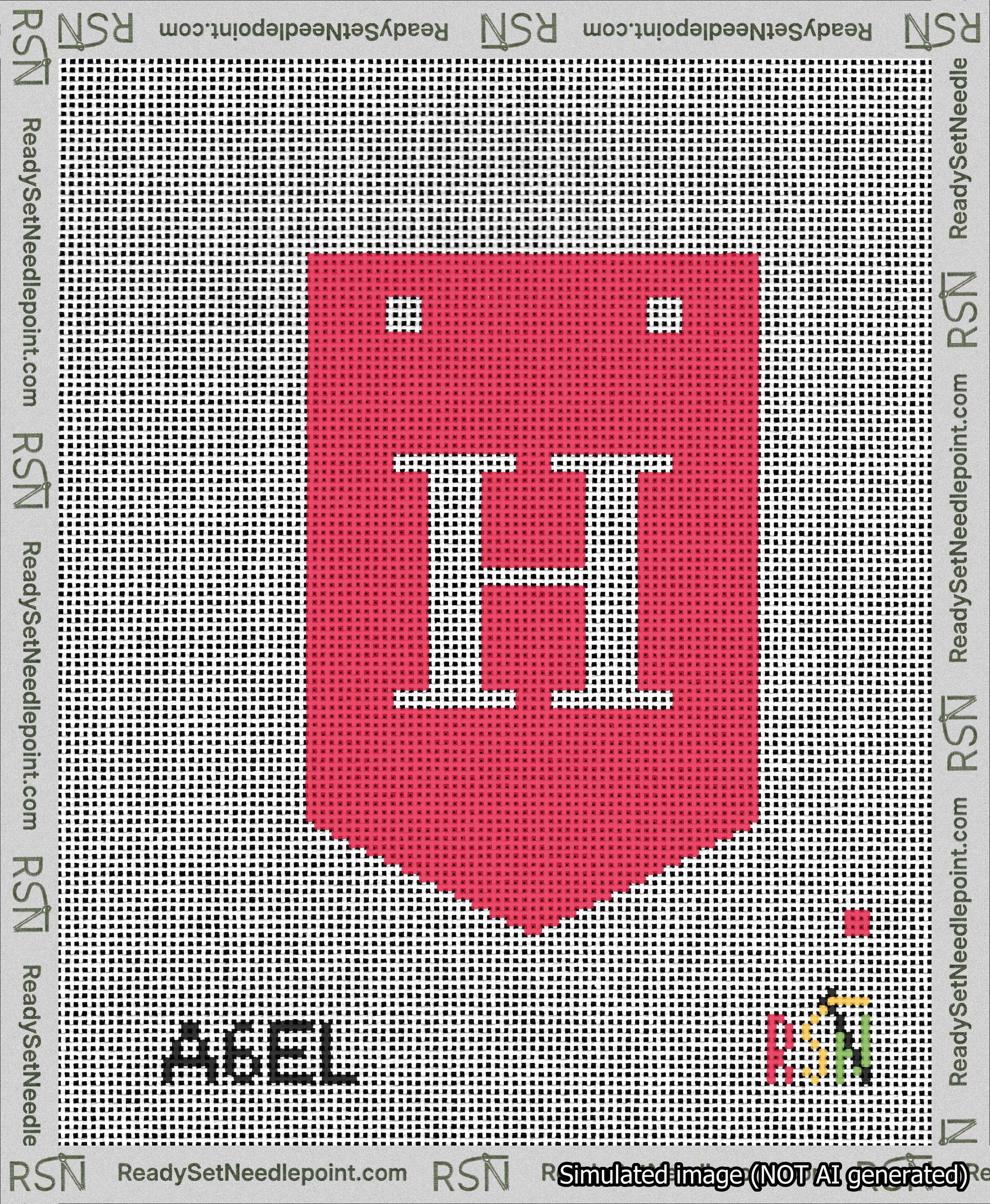 A taped needlepoint canvas with the design: Banner 13 mesh count Pointed H White on Red.