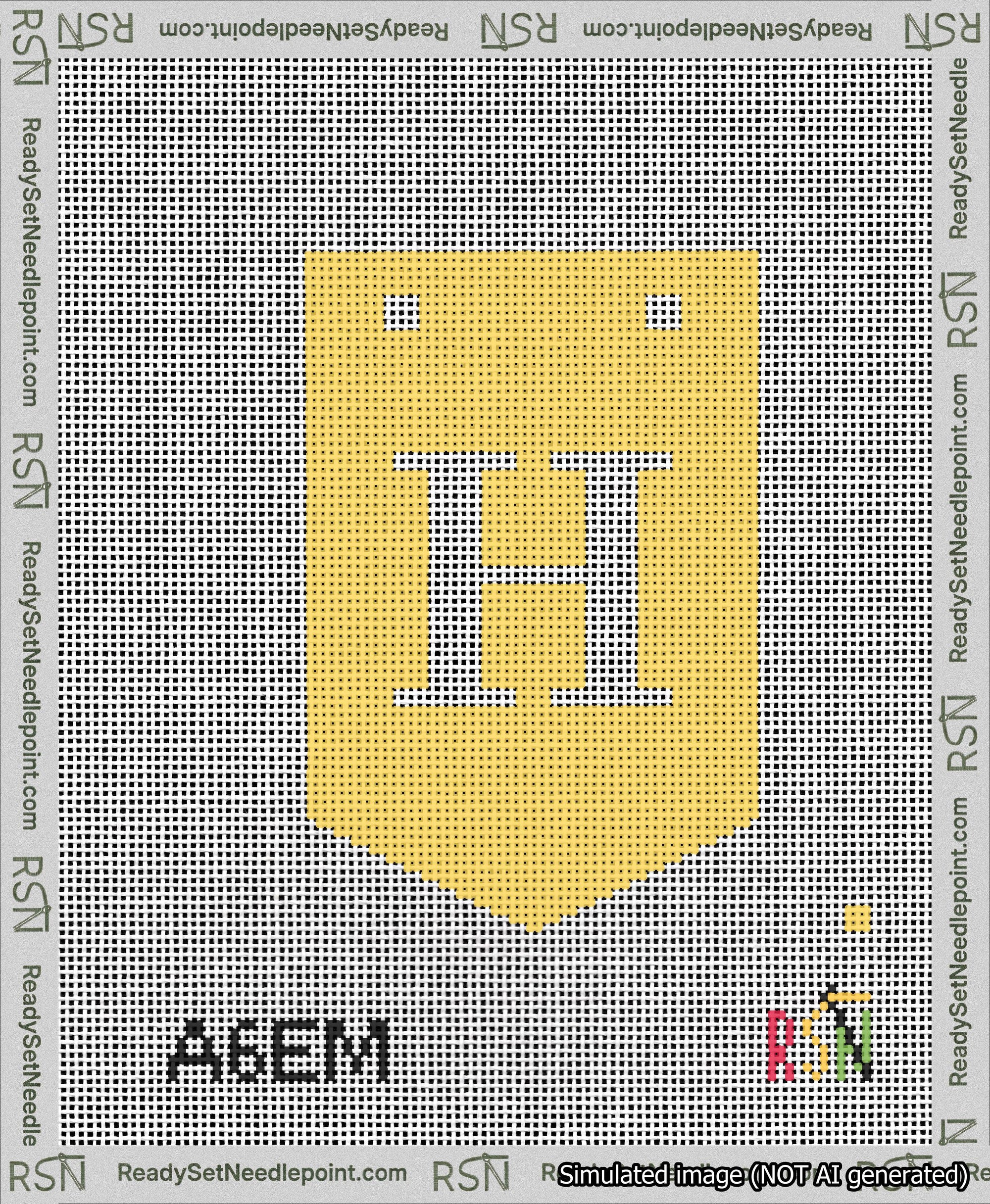 A taped needlepoint canvas with the design: Banner 13 mesh count Pointed H White on Yellow.