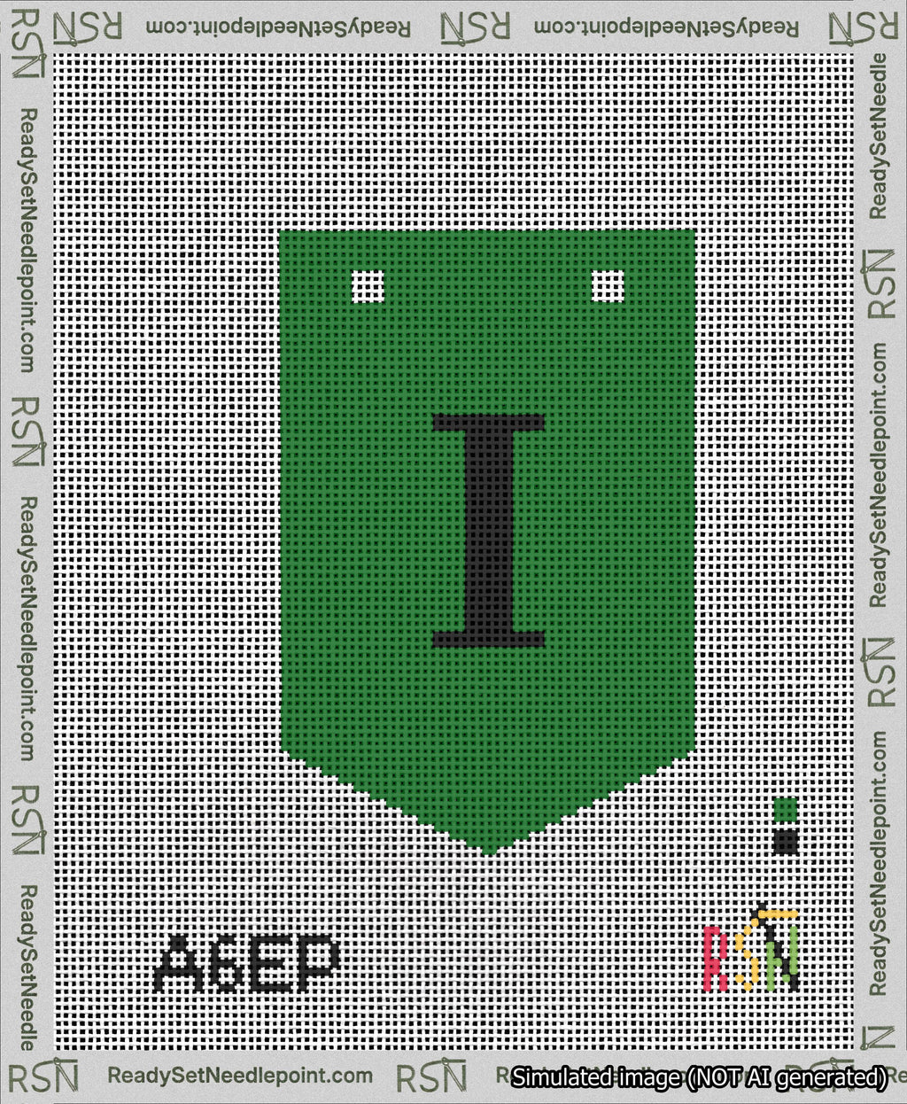 A taped needlepoint canvas with the design: Banner 13 mesh count Pointed I Black on Green.