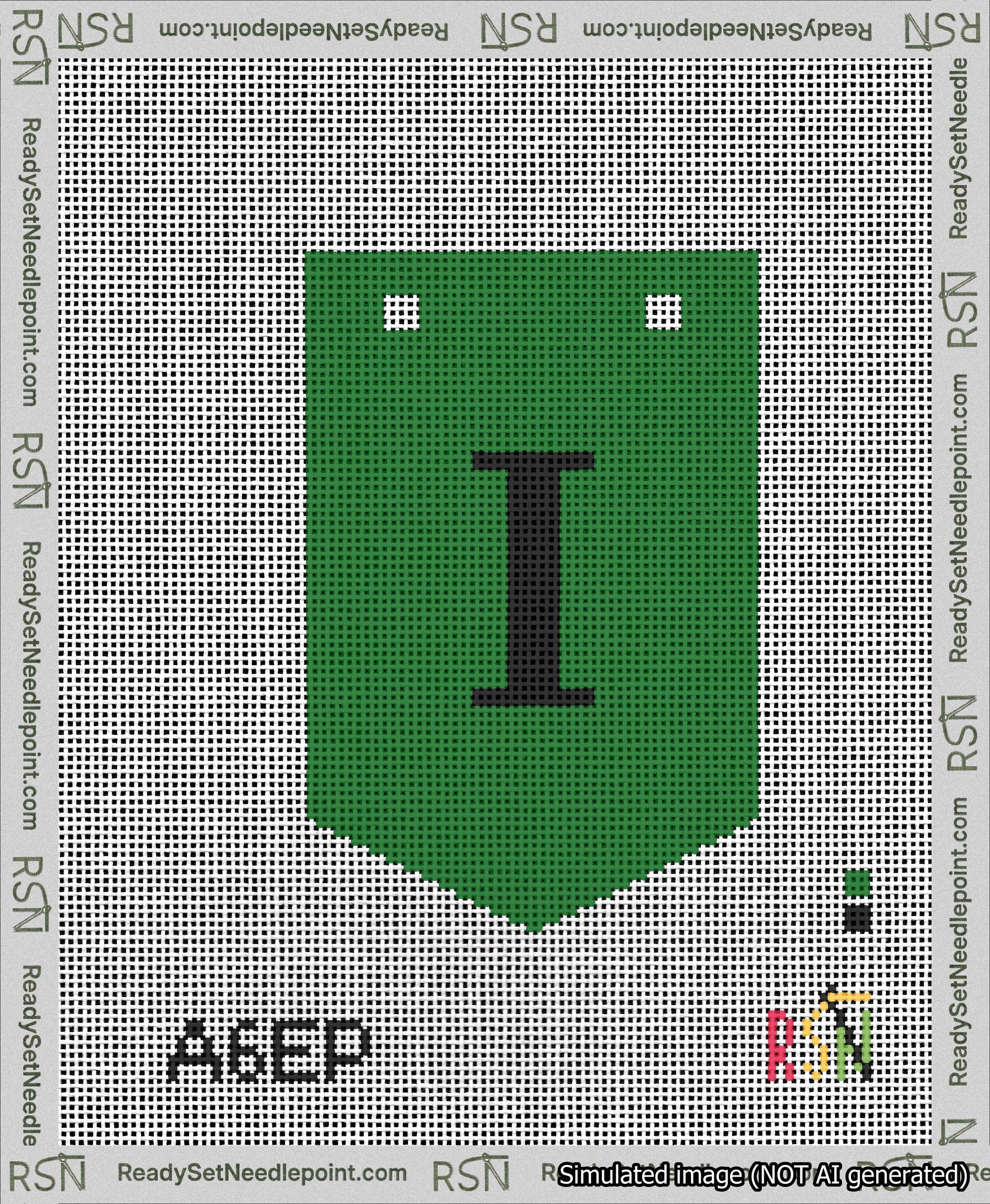 A taped needlepoint canvas with the design: Banner 13 mesh count Pointed I Black on Green.