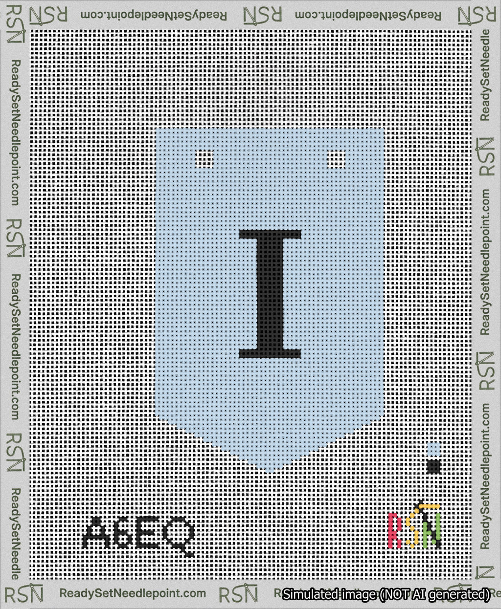 A taped needlepoint canvas with the design: Banner 13 mesh count Pointed I Black on Light Blue.