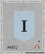 A taped needlepoint canvas with the design: Banner 13 mesh count Pointed I Black on Light Blue.