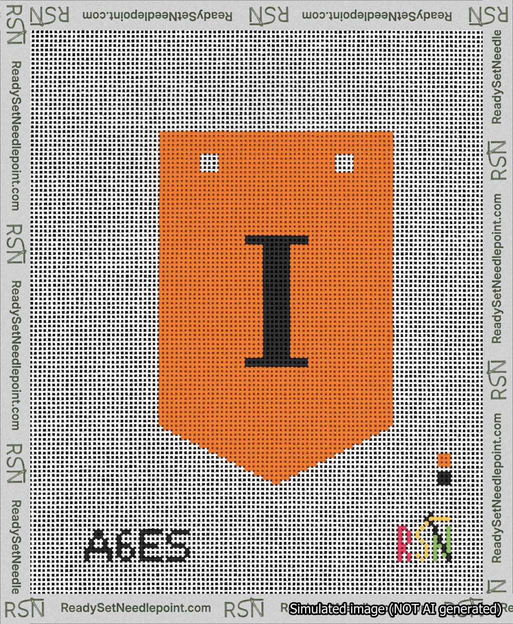 A taped needlepoint canvas with the design: Banner 13 mesh count Pointed I Black on Orange.