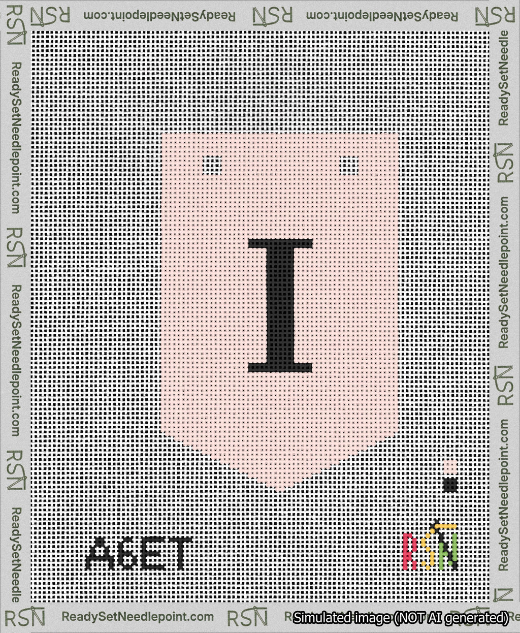 A taped needlepoint canvas with the design: Banner 13 mesh count Pointed I Black on Pink.