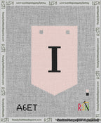 A taped needlepoint canvas with the design: Banner 13 mesh count Pointed I Black on Pink.
