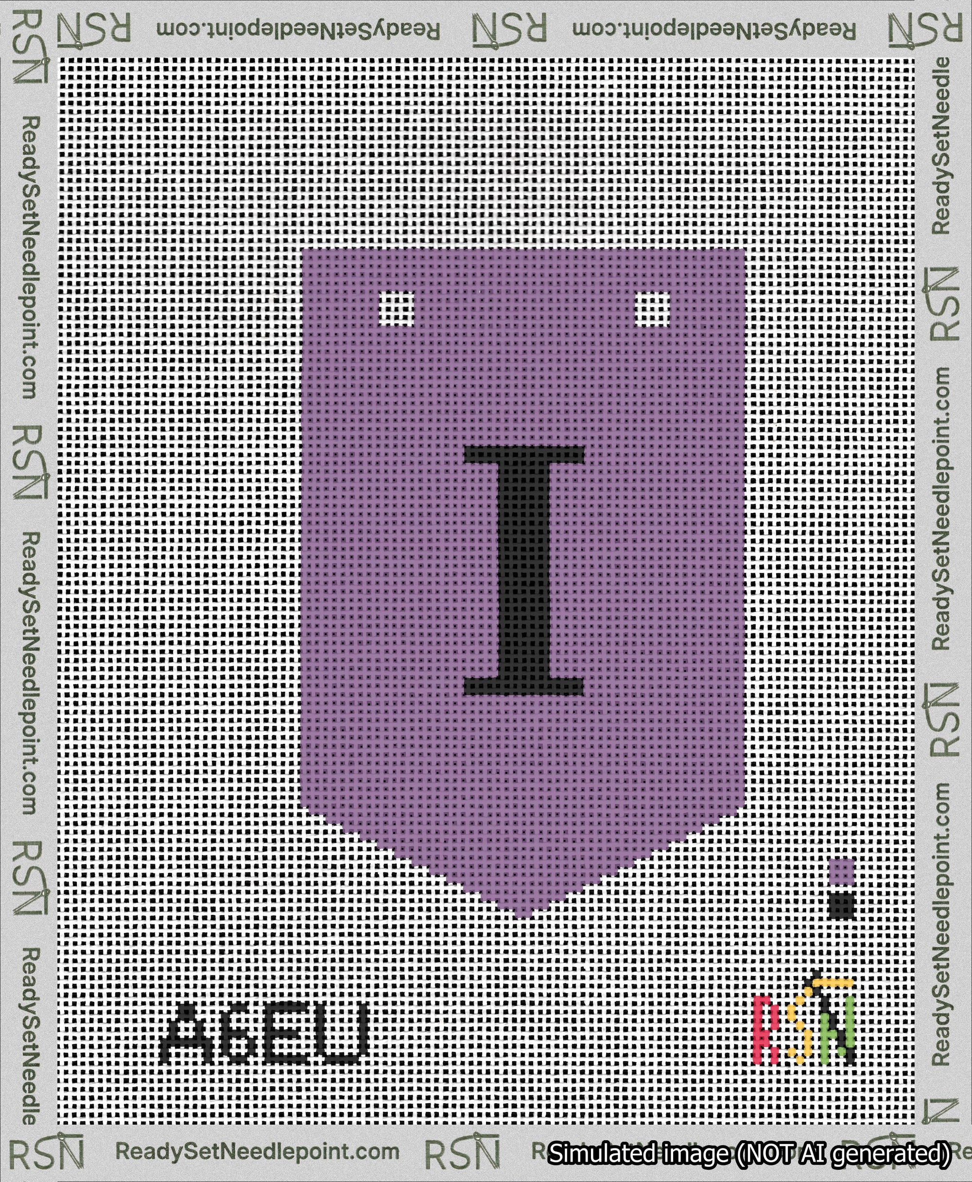A taped needlepoint canvas with the design: Banner 13 mesh count Pointed I Black on Purple.