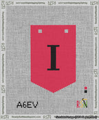 A taped needlepoint canvas with the design: Banner 13 mesh count Pointed I Black on Red.