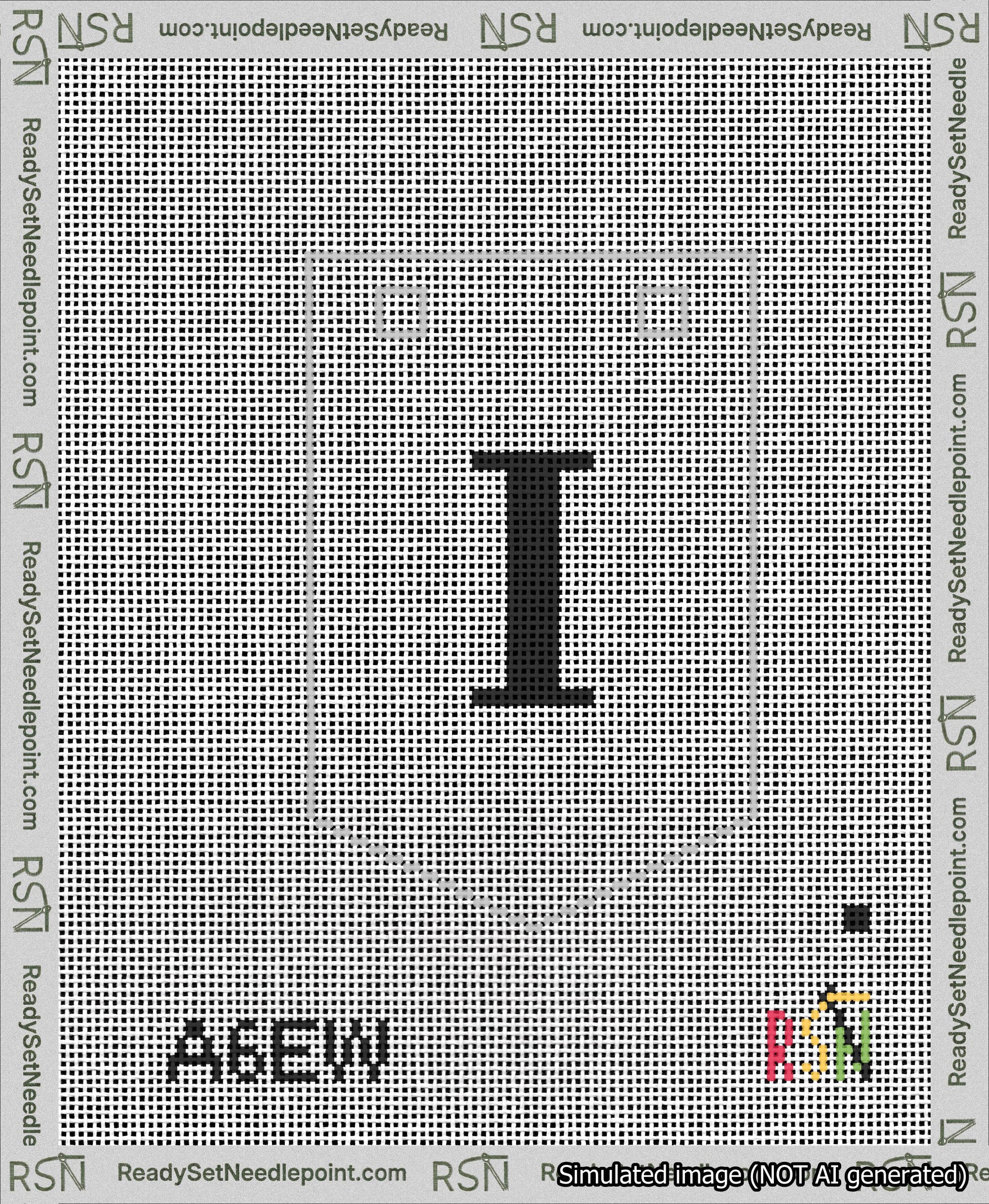 A taped needlepoint canvas with the design: Banner 13 mesh count Pointed I Black on White.