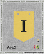 A taped needlepoint canvas with the design: Banner 13 mesh count Pointed I Black on Yellow.