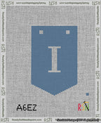 A taped needlepoint canvas with the design: Banner 13 mesh count Pointed I White on Blue.