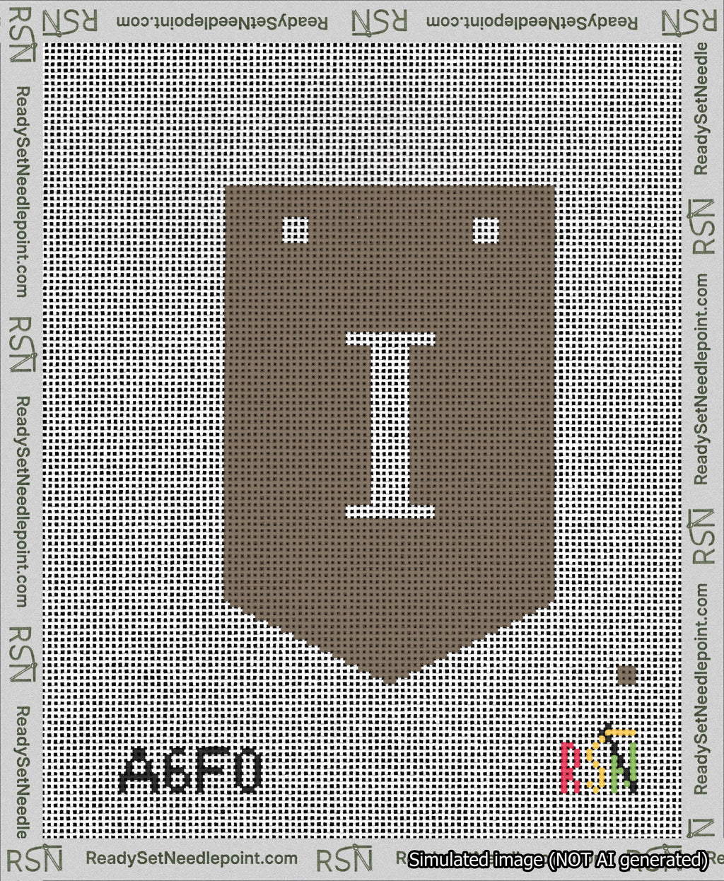 A taped needlepoint canvas with the design: Banner 13 mesh count Pointed I White on Brown.