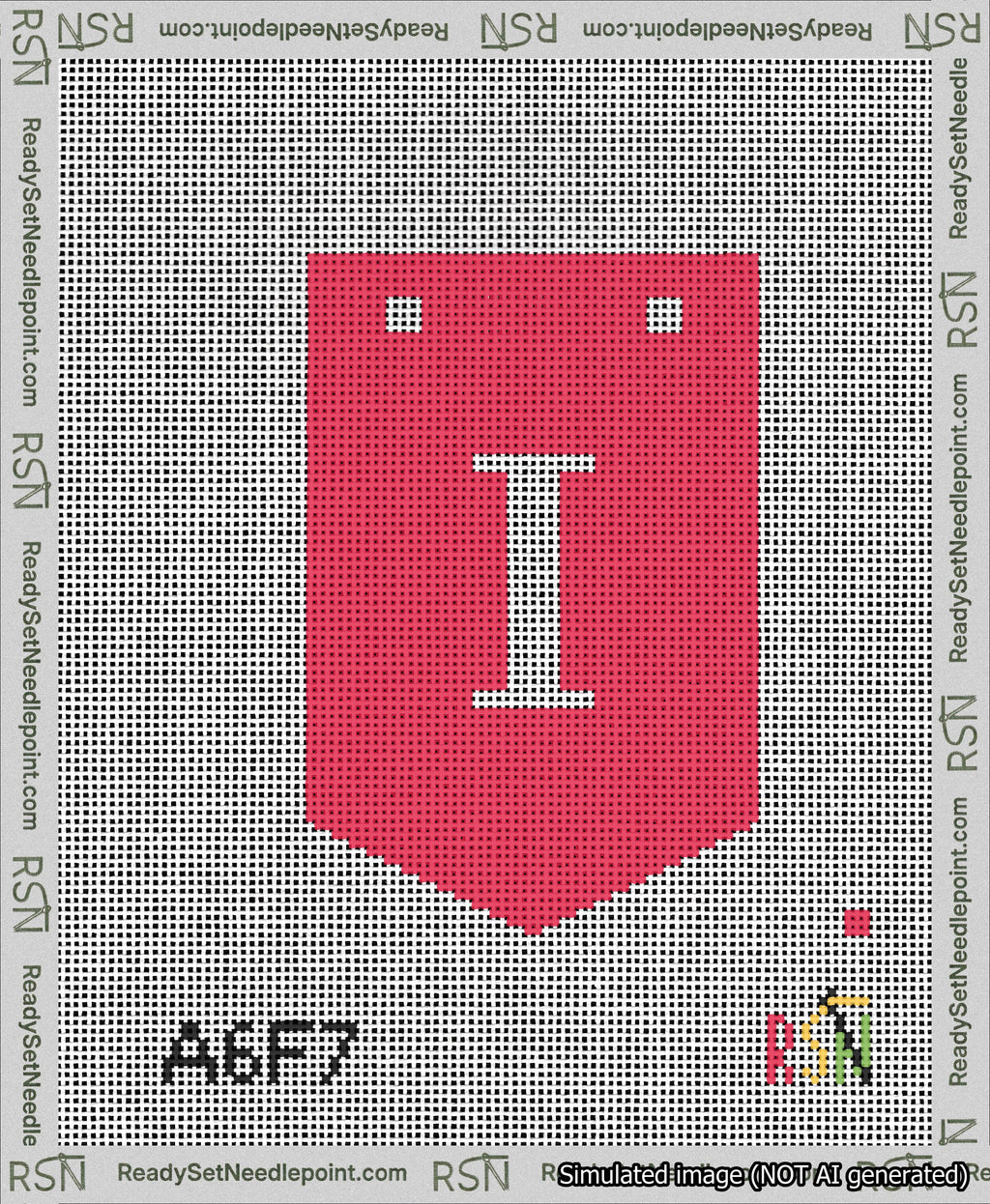 A taped needlepoint canvas with the design: Banner 13 mesh count Pointed I White on Red.