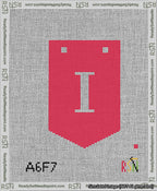 A taped needlepoint canvas with the design: Banner 13 mesh count Pointed I White on Red.
