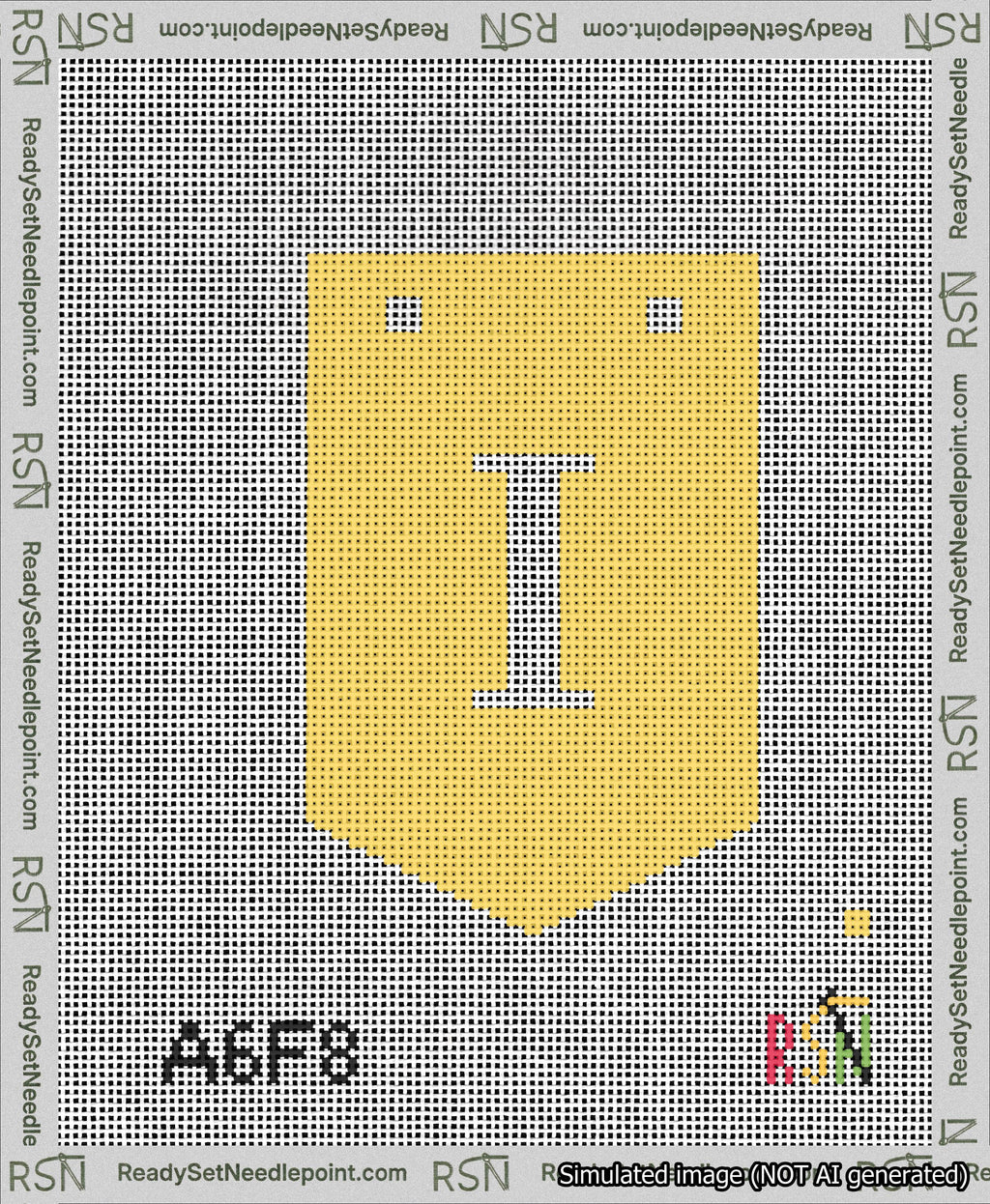 A taped needlepoint canvas with the design: Banner 13 mesh count Pointed I White on Yellow.