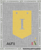 A taped needlepoint canvas with the design: Banner 13 mesh count Pointed I White on Yellow.