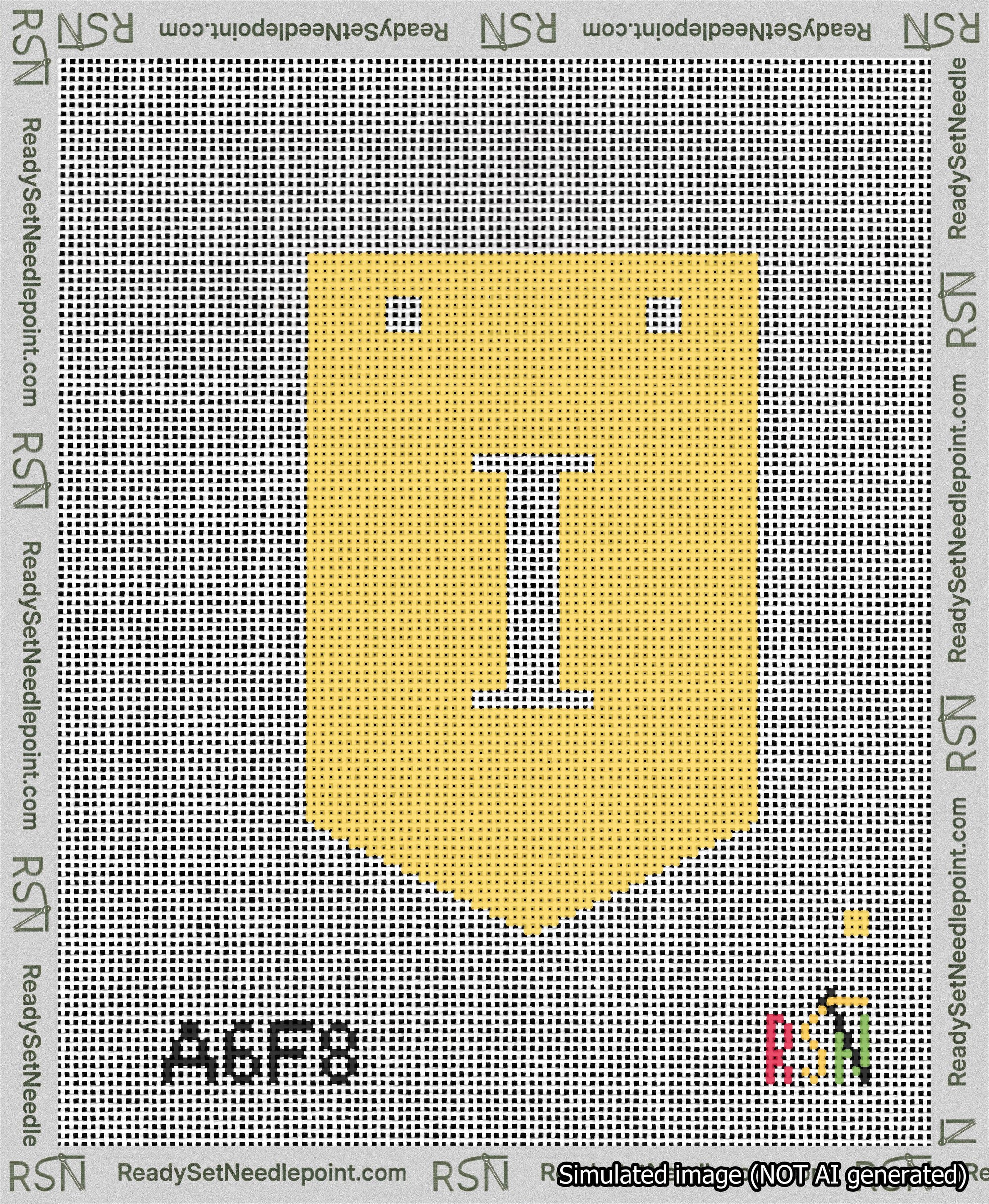 A taped needlepoint canvas with the design: Banner 13 mesh count Pointed I White on Yellow.