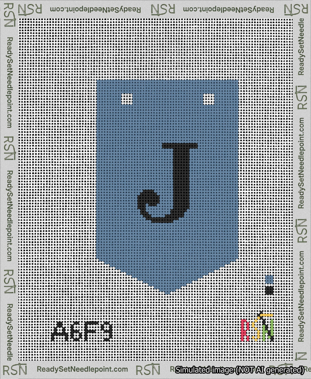 A taped needlepoint canvas with the design: Banner 13 mesh count Pointed J Black on Blue.