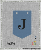 A taped needlepoint canvas with the design: Banner 13 mesh count Pointed J Black on Blue.