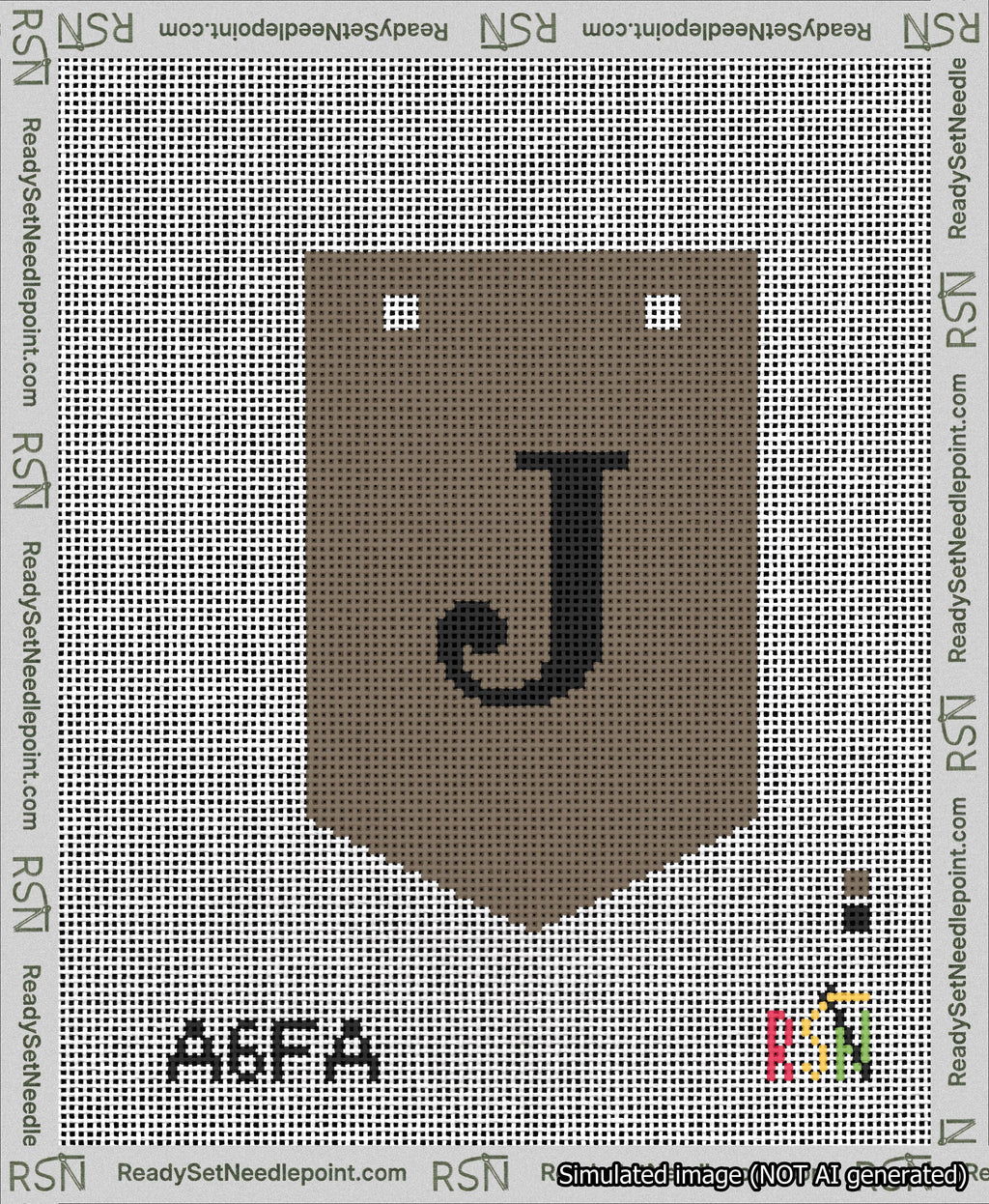 A taped needlepoint canvas with the design: Banner 13 mesh count Pointed J Black on Brown.