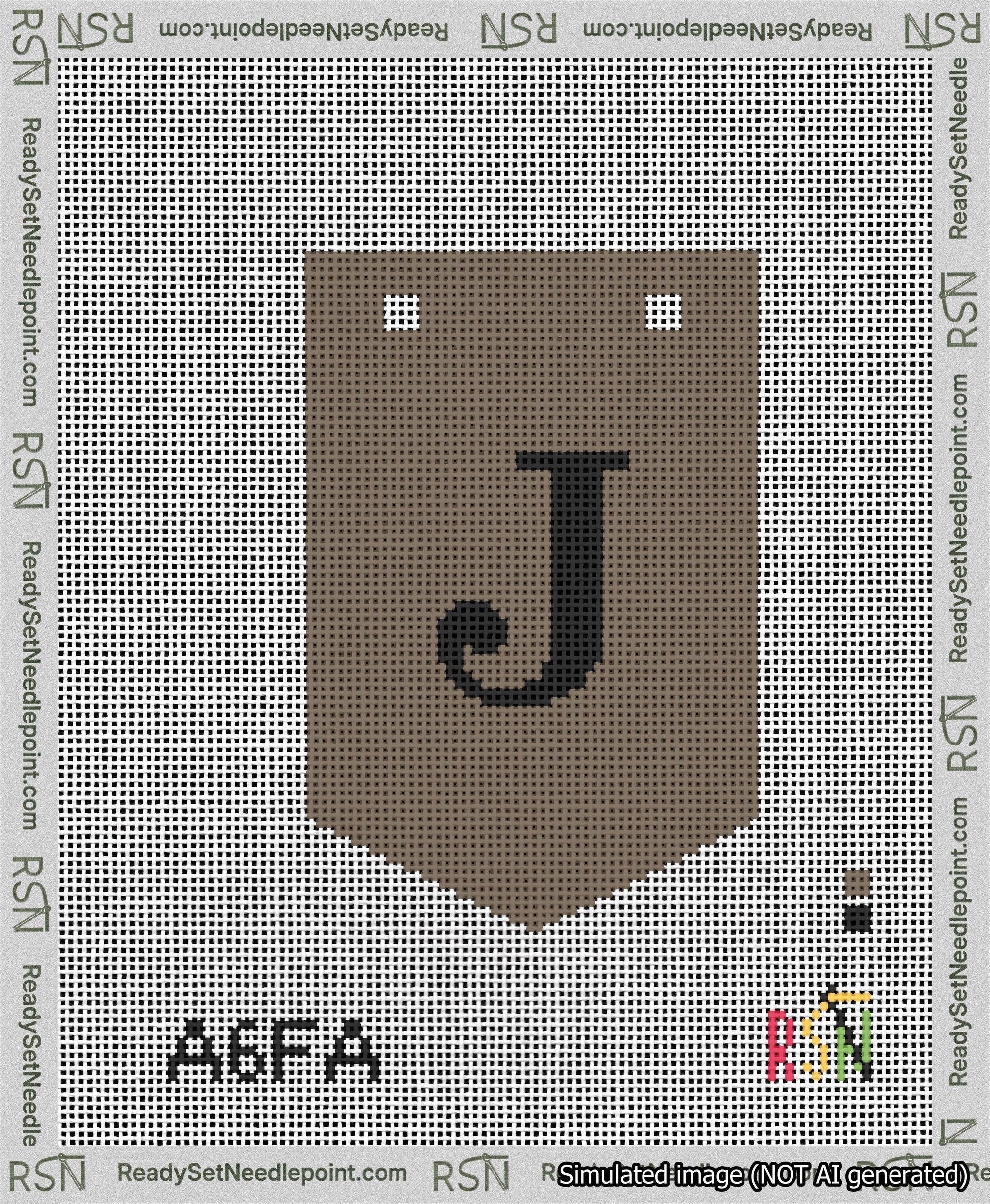 A taped needlepoint canvas with the design: Banner 13 mesh count Pointed J Black on Brown.