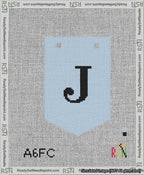 A taped needlepoint canvas with the design: Banner 13 mesh count Pointed J Black on Light Blue.