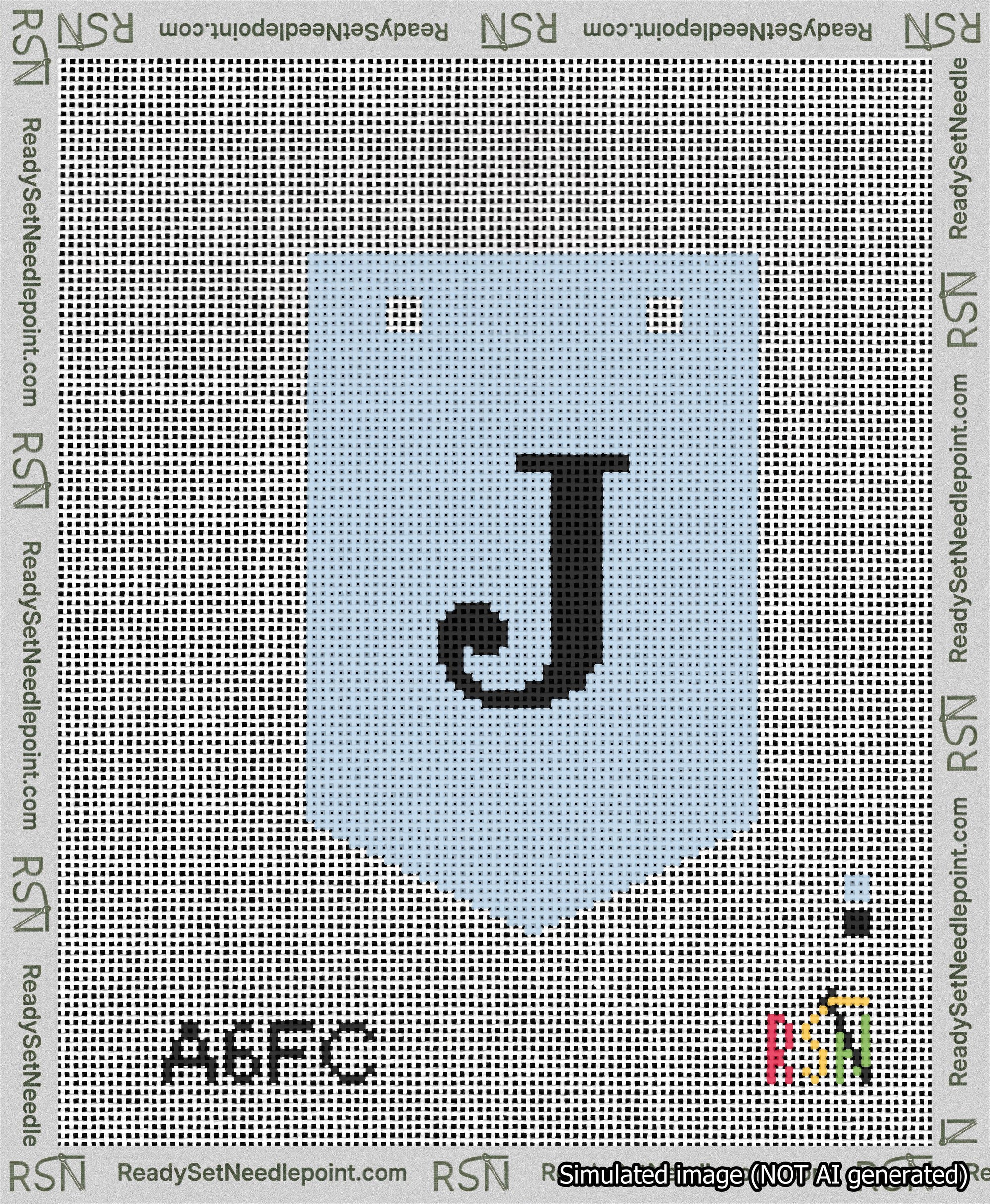 A taped needlepoint canvas with the design: Banner 13 mesh count Pointed J Black on Light Blue.