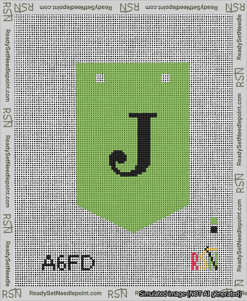 A taped needlepoint canvas with the design: Banner 13 mesh count Pointed J Black on Light Green.