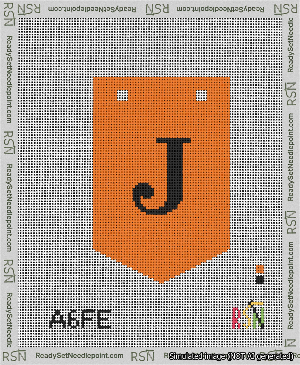 A taped needlepoint canvas with the design: Banner 13 mesh count Pointed J Black on Orange.